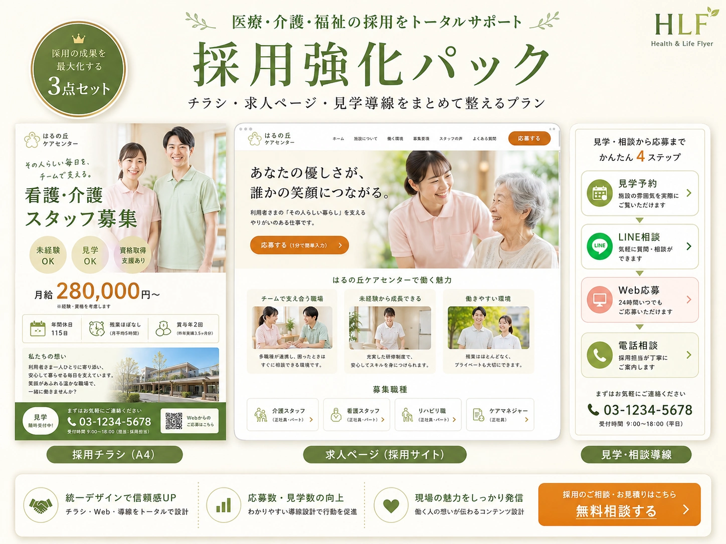 採用強化パックの制作見本。採用チラシ、求人ページ、見学相談導線をまとめて整える制作物セット