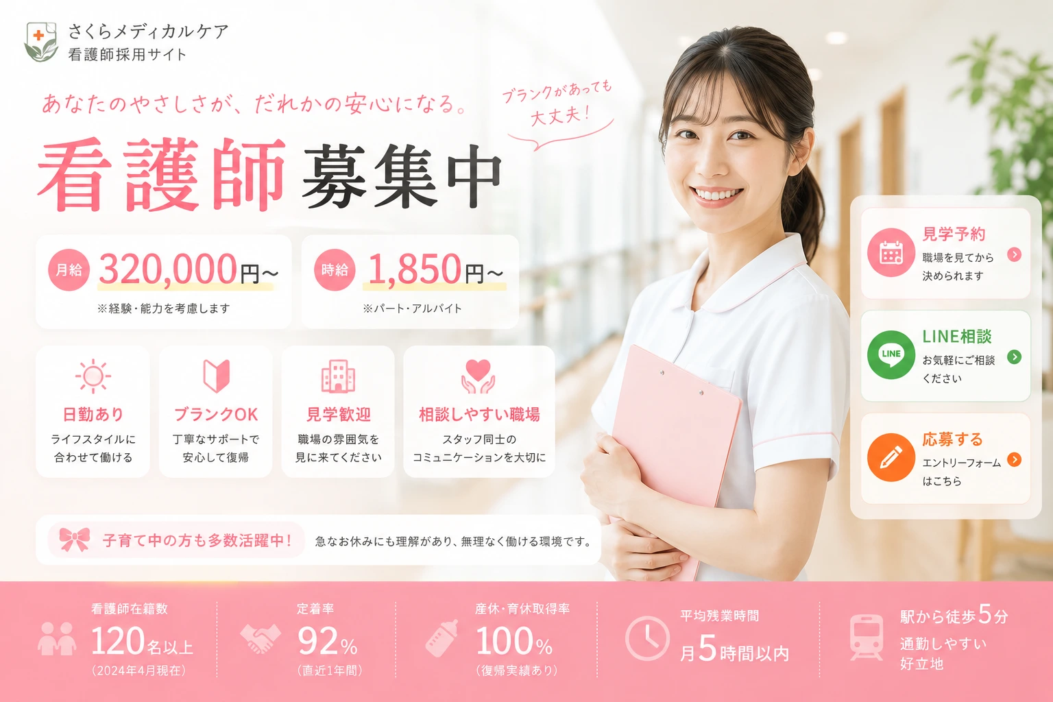 看護師募集ページのファーストビュー見本。給与、見学予約、LINE相談、応募導線を大きく整理した採用ページ画像