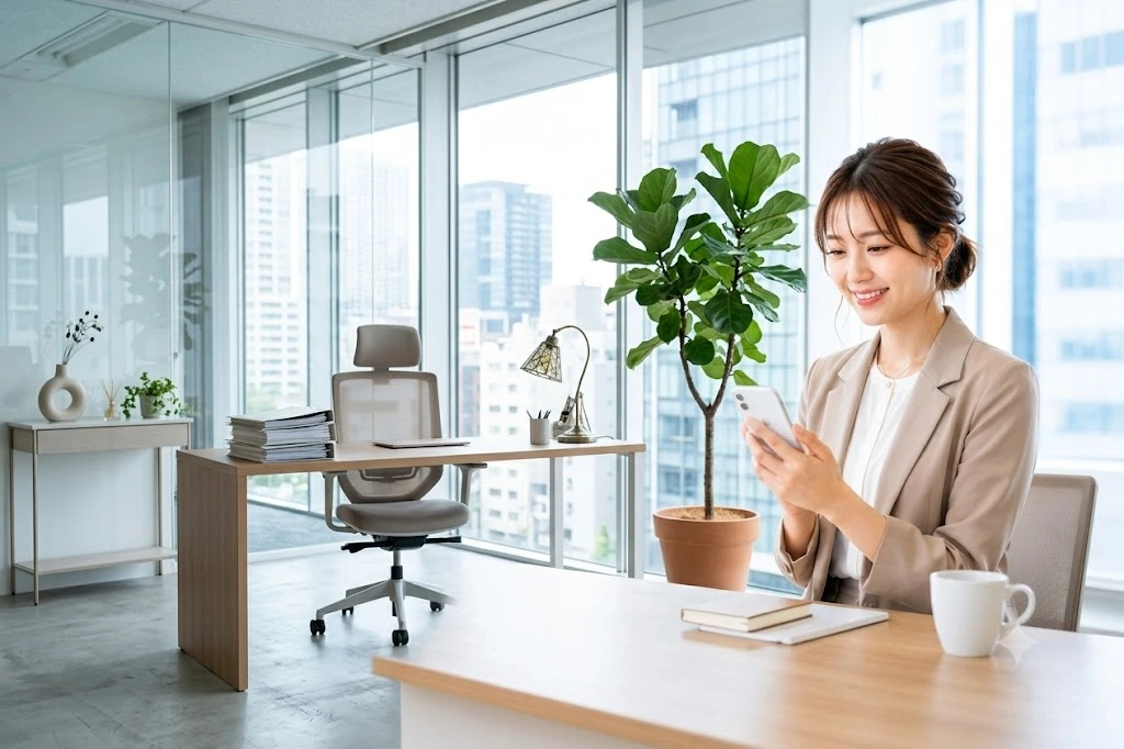 スマホで問い合わせを確認する担当者