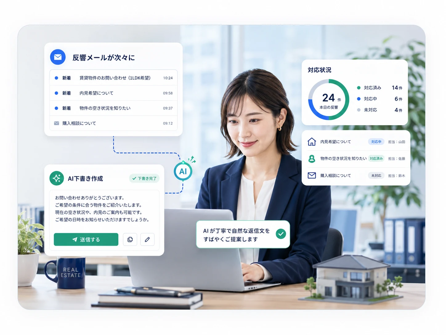 反響メール対応をAIで効率化する不動産スタッフのイメージ